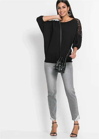 T-shirt oversize en viscose et dentelle, Couleur: noir