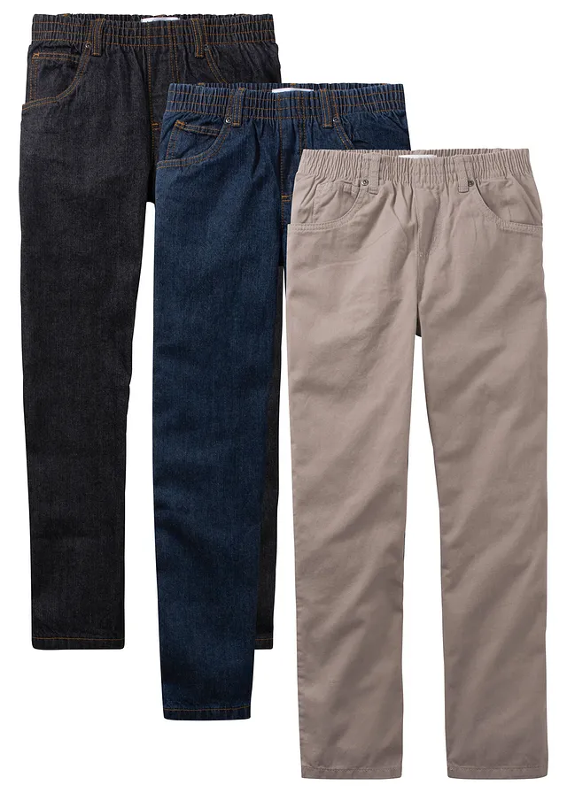 Kalhoty bez zapínání, z čisté bavlny, Regular Fit, Straight (3 ks v balení) • černý denim + tmavě modrý denim + hnědošedá • bonprix obchod