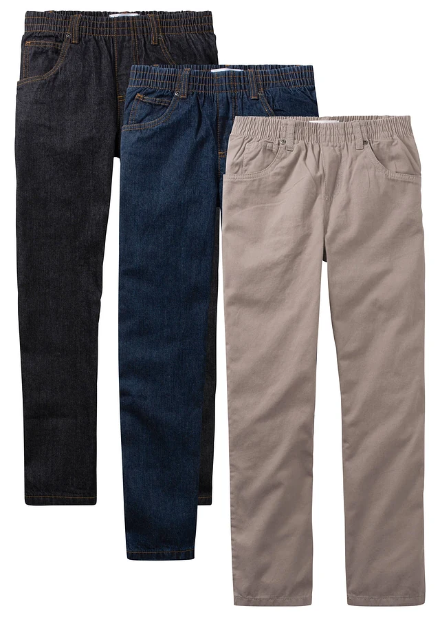 Lot de 3 pantalons droits, regular à taille élastiquée, 100% coton, Couleur: noir denim + bleu foncé denim + taupe