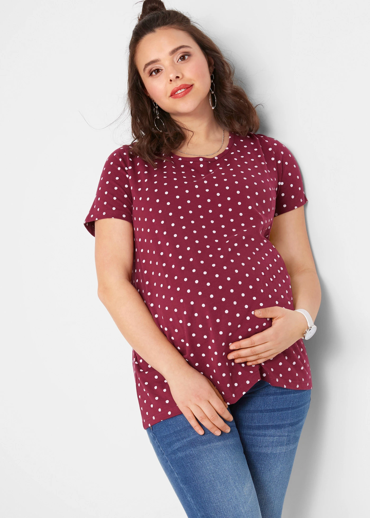 T-shirt ciążowy  (2 szt.), bawełna organiczna ze wzorem w kropki • jeżynowy+biały w kropki • sklep bonprix