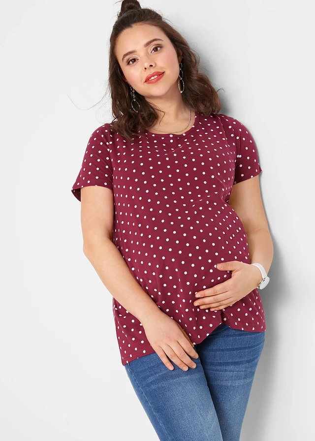 Lot de 2 T-shirts de grossesse en coton, Couleur: prune+blanc à pois