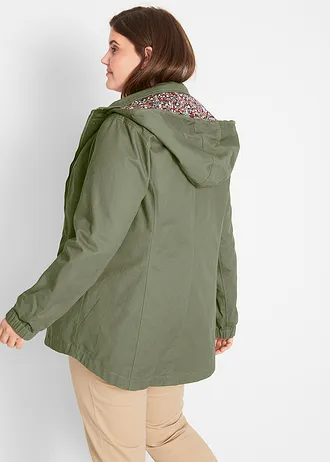 Katoenen tussenparka met gedessineerde capuchon, Kleur: olijfgroen