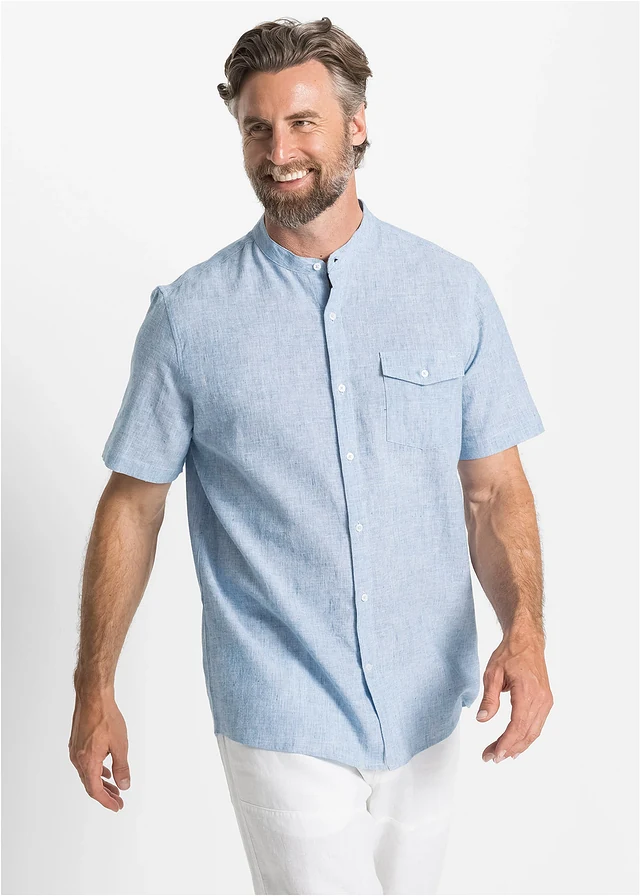 Chemise manches courtes aérienne en lin mélangé, Couleur: bleu clair chiné