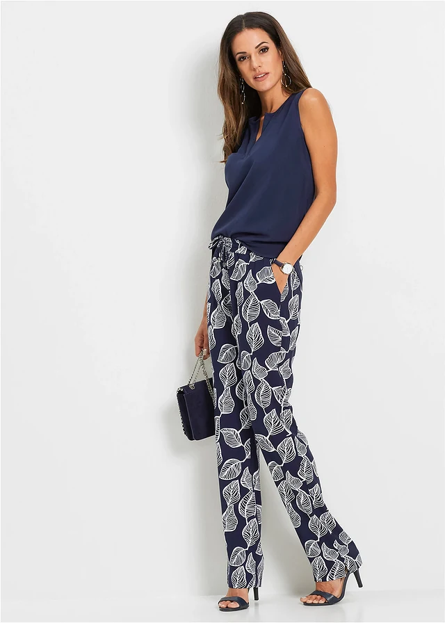 Pantalon à taille élastiquée, Couleur: bleu foncé/blanc