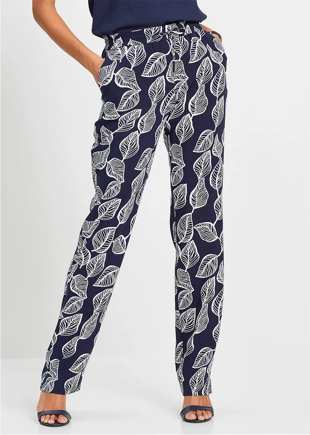 Pantalon à taille élastiquée, Couleur: bleu foncé/blanc