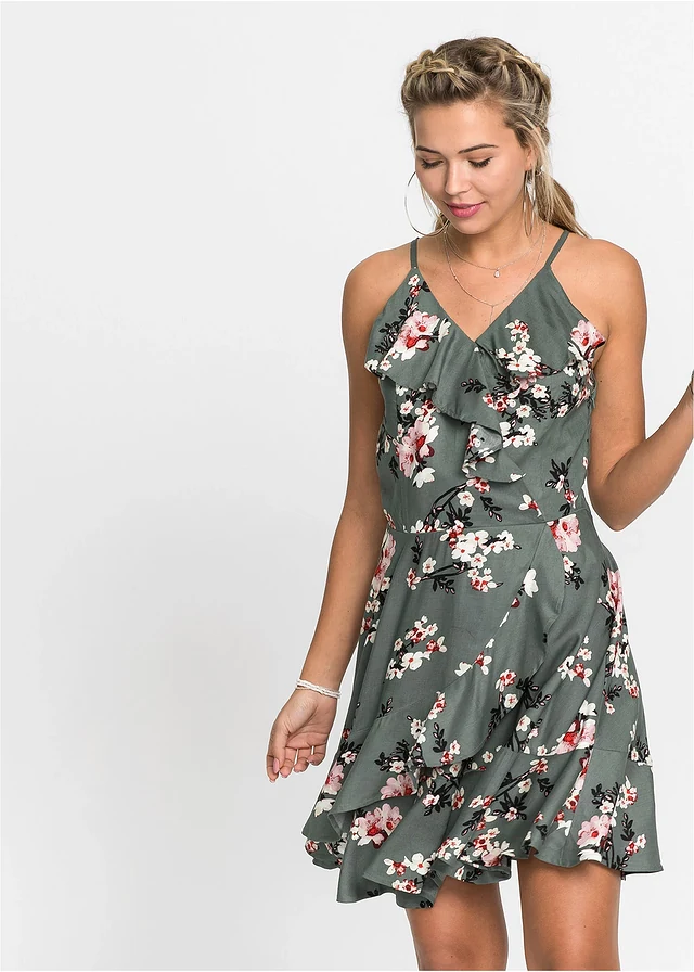 Robe à bretelles et volants • vert roseau fleurs • product-page.page-title-suffix