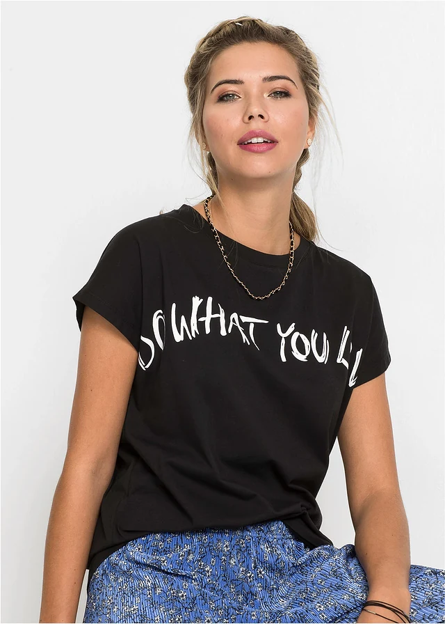 T-shirt oversize 100% coton, Couleur: noir message imprimé
