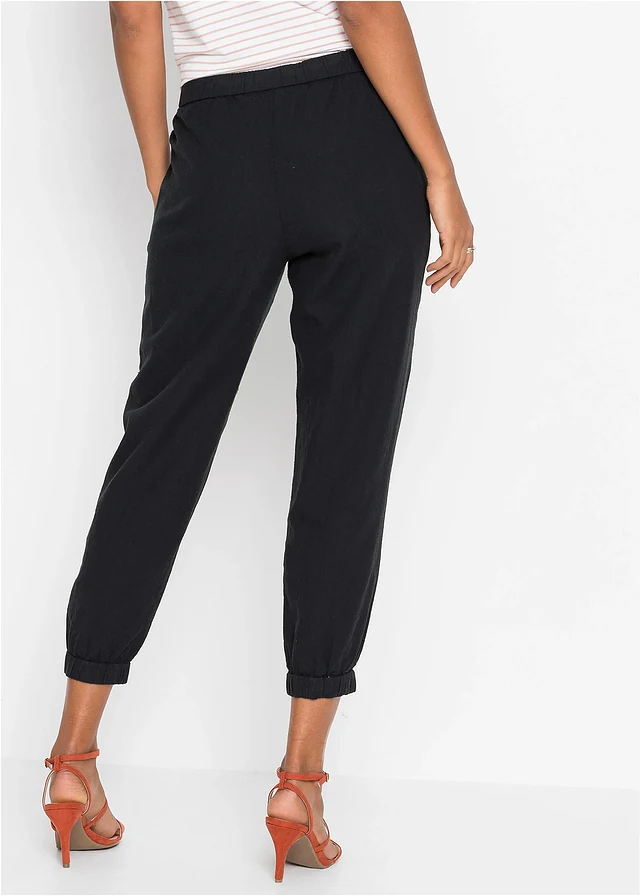 7/8 broek van een luchtige linnenmix, Kleur: zwart