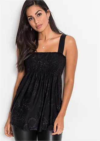 Tunikový top ze směsi s viskózou, barva: černo-fialová s květy