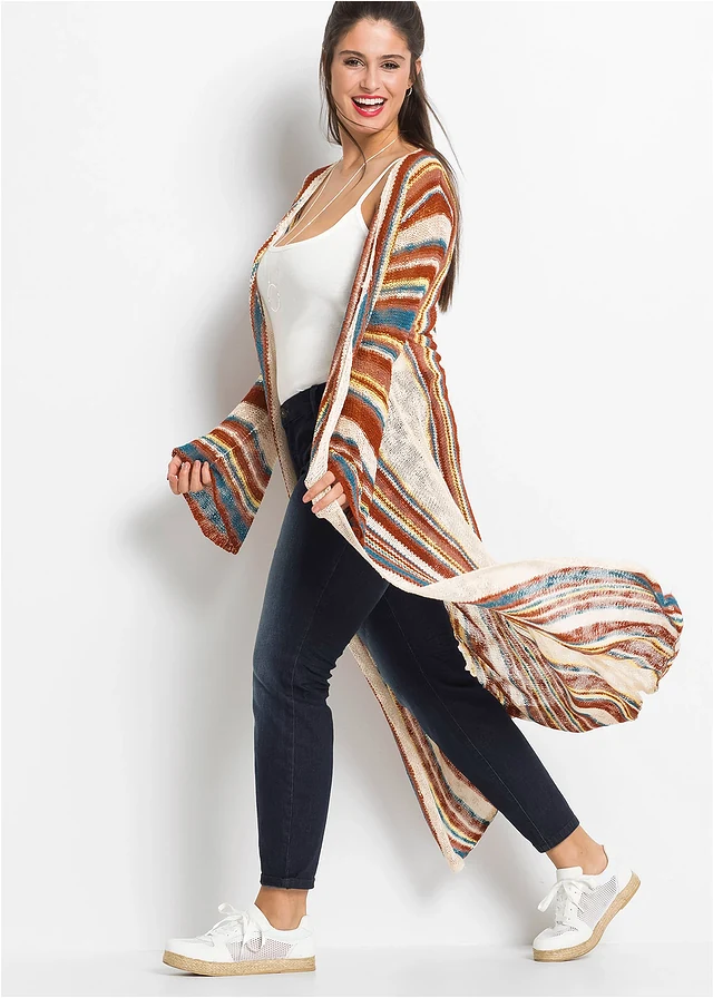 Lang gebreid vest met strepen, Kleur: multicolor gestreept