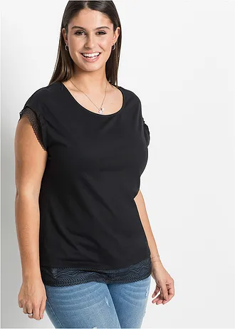 Boxy shirt met kant van katoen • zwart plus size • bonprix online shop