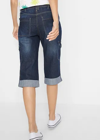 Strečové cargo džíny, Mid Waist, barva: tmavě modrý denim