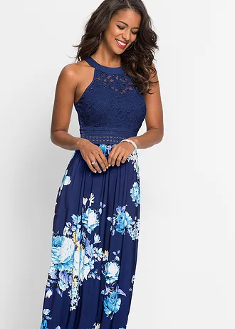 Robe longue à imprimé floral et dentelle • bleu foncé-violet-rose floral • Boutique bonprix