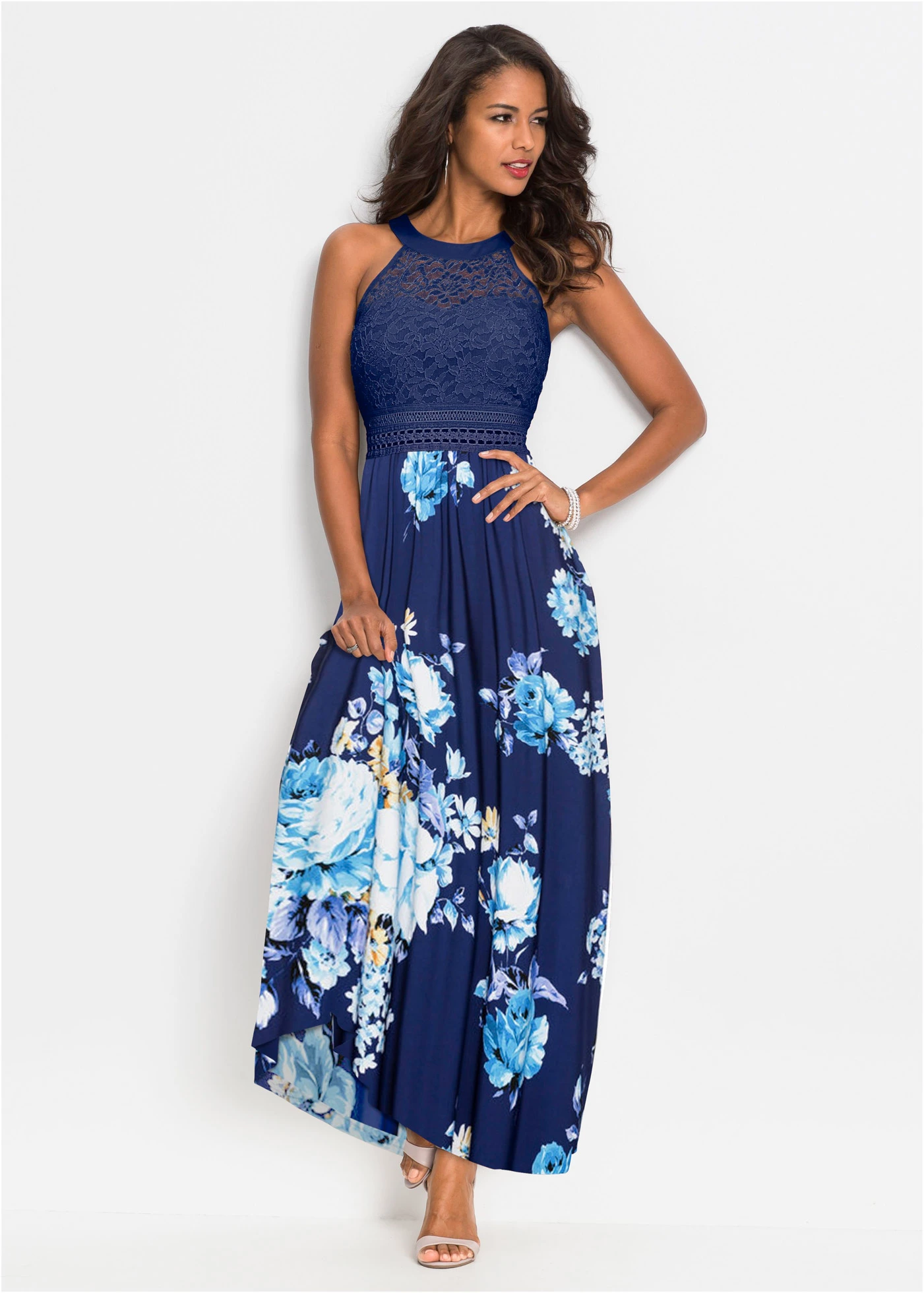 Maxi jurk met bloemenprint en kant • donkerblauw-paars-roze gebloemd • bonprix online shop