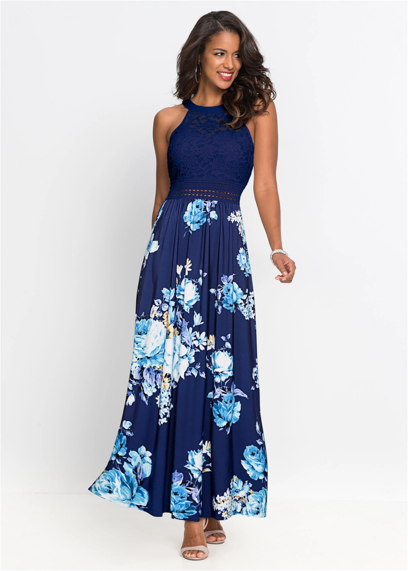 Maxi jurk met bloemenprint en kant • donkerblauw-paars-roze gebloemd • bonprix online shop