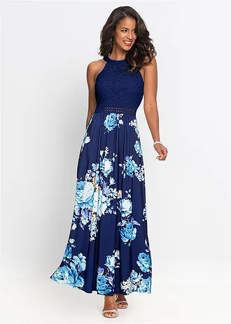 Robe longue à imprimé floral et dentelle • bleu foncé-violet-rose floral • Boutique bonprix