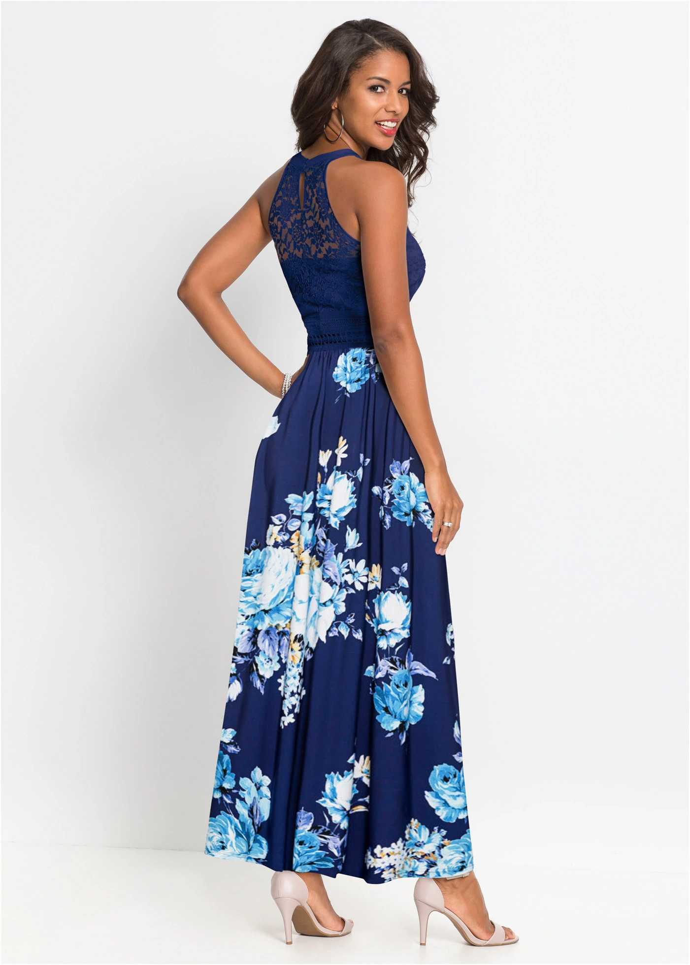 Maxi jurk met bloemenprint en kant • donkerblauw-paars-roze gebloemd • bonprix online shop