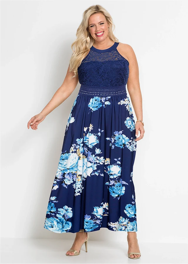 Maxi jurk met bloemenprint en kant, Kleur: donkerblauw-paars-roze gebloemd
