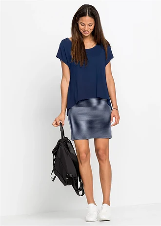 Robe en jersey avec jupe rayée, Couleur: bleu foncé / blanc