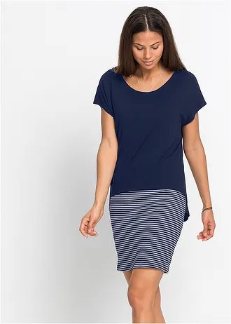 Robe en jersey avec jupe rayée, Couleur: bleu foncé / blanc