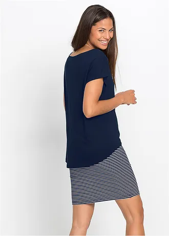Robe en jersey avec jupe rayée, Couleur: bleu foncé / blanc