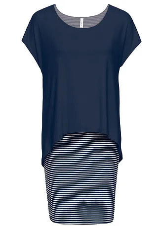 Robe en jersey avec jupe rayée, Couleur: bleu foncé / blanc