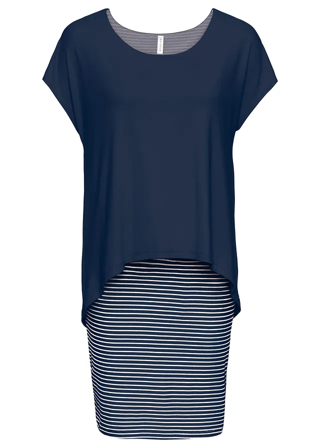 Robe en jersey avec jupe rayée • bleu foncé / blanc • Boutique bonprix