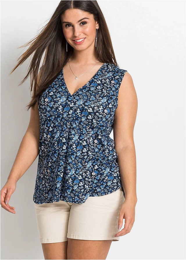 Top van viscose-mix, Kleur: blauw gebloemd