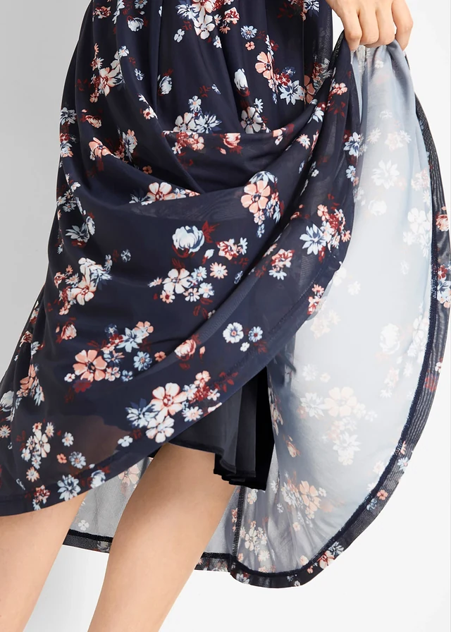 Midi rok met van mesh elastische comfortband • donkerblauw - zwart gebloemd • product-page.page-title-suffix