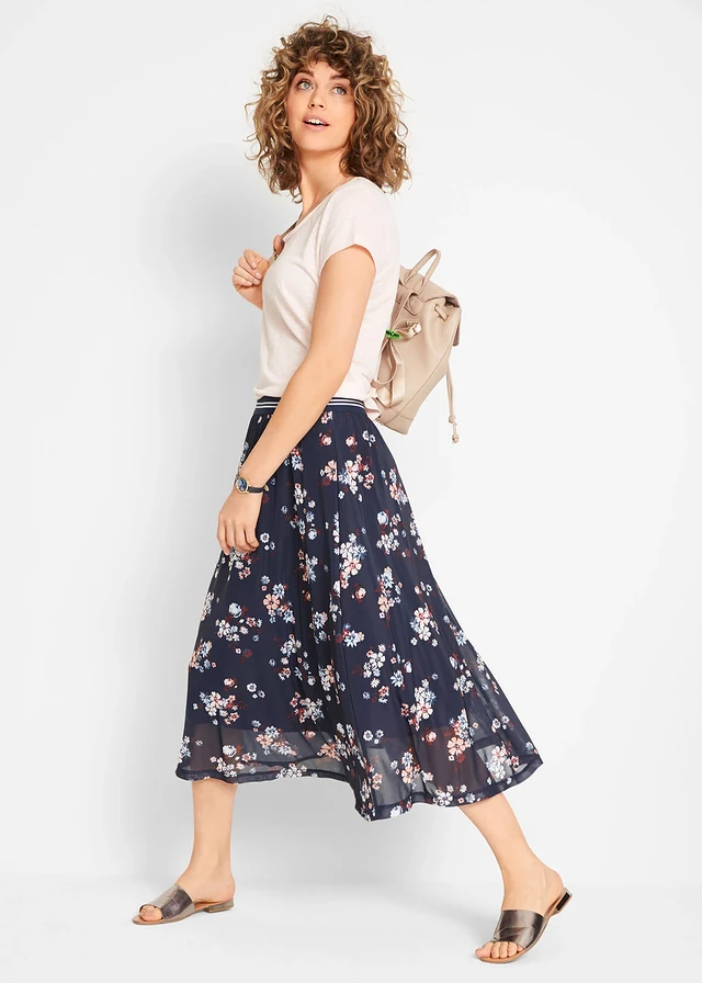 Midi rok met van mesh elastische comfortband, Kleur: donkerblauw - zwart gebloemd