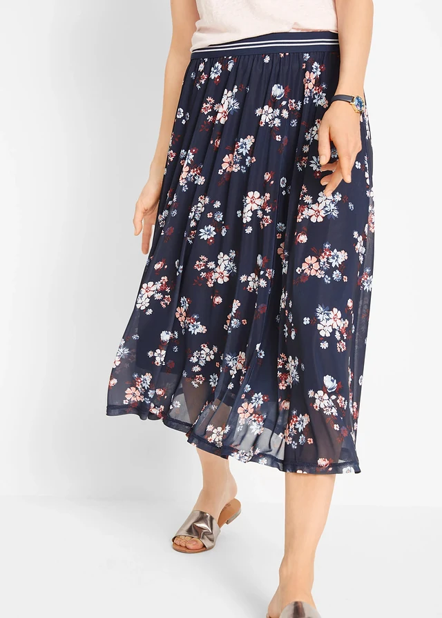 Midi rok met van mesh elastische comfortband, Kleur: donkerblauw - zwart gebloemd