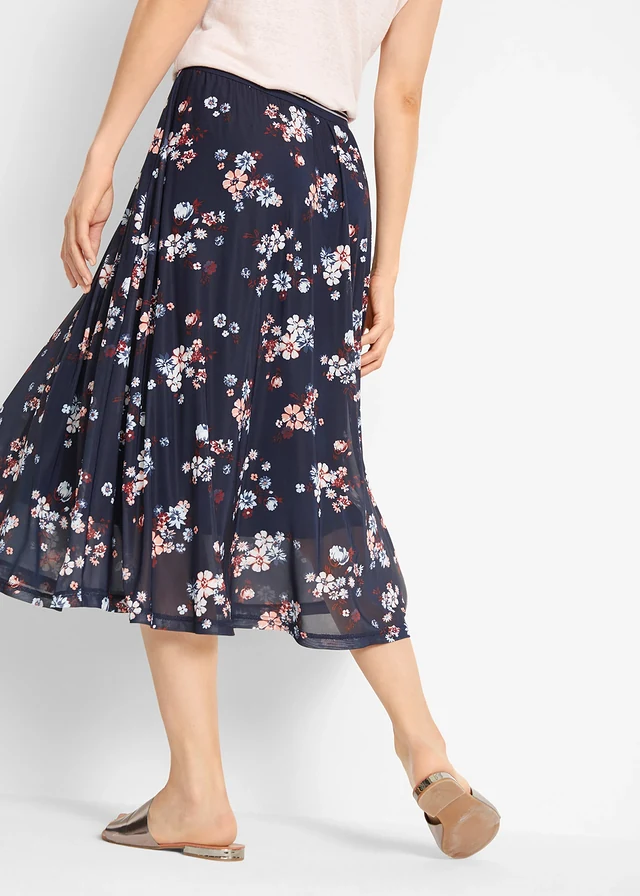 Midi rok met van mesh elastische comfortband, Kleur: donkerblauw - zwart gebloemd