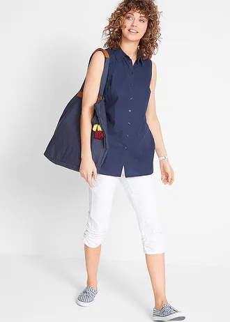 Capri broek van katoenmix met comfortband, Kleur: wit