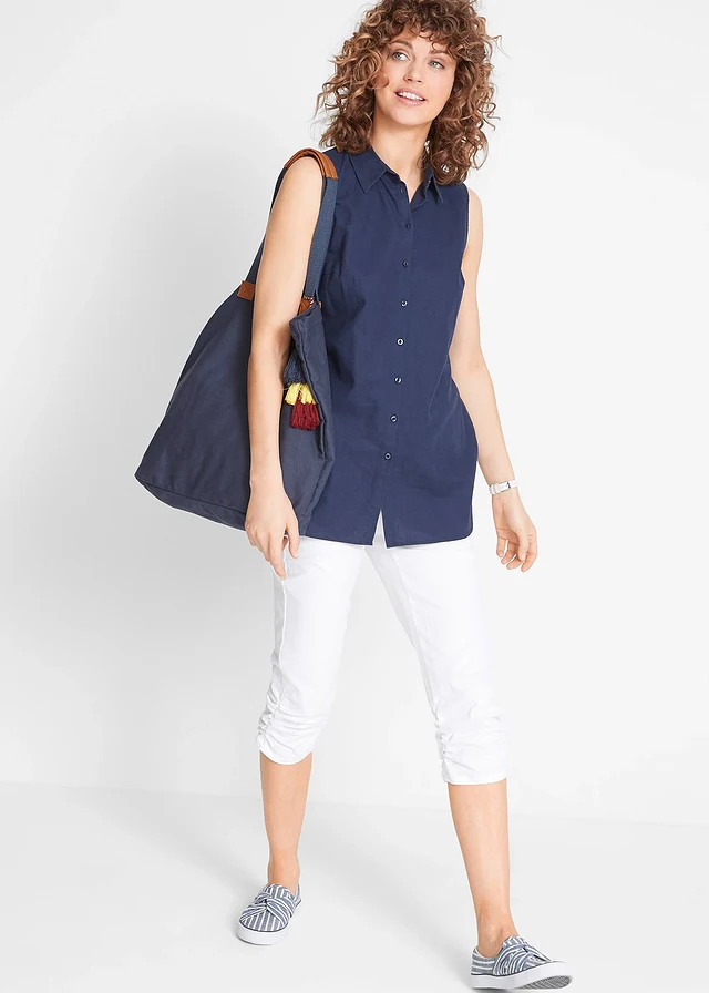 Capri broek van katoenmix met comfortband, Kleur: wit