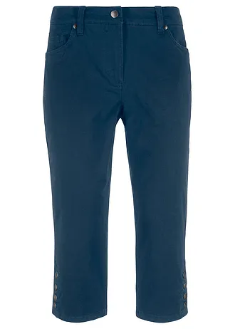 Strečové capri kalhoty s komfortní pasovkou a knoflíky, barva: tmavě modrá