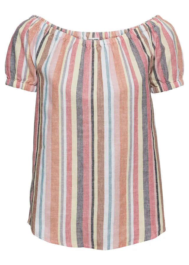 Blouse encolure Bardot, Couleur: rouge/beige rayé
