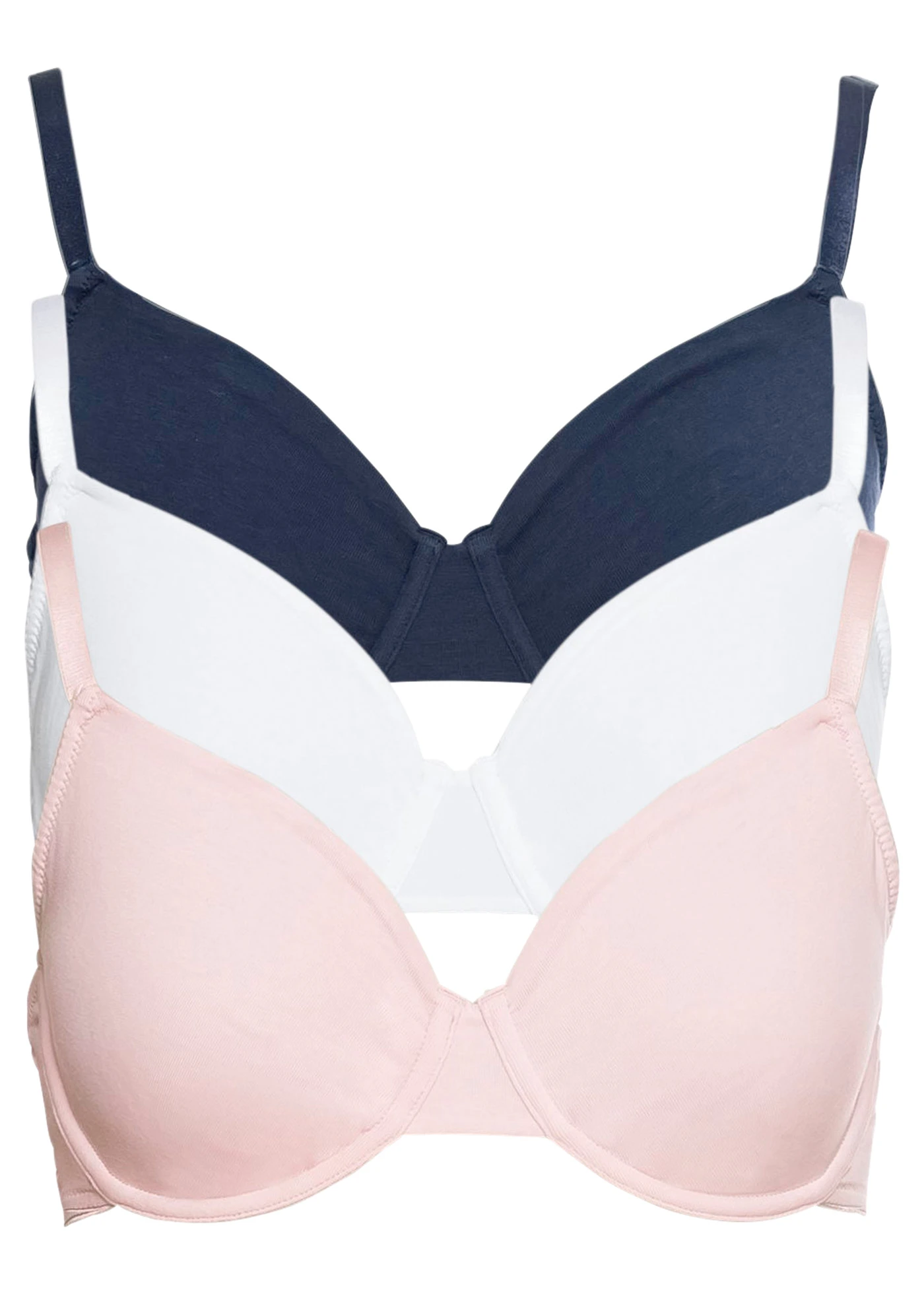 Lot de 3 soutiens-gorge moulés non rembourrés • bleu foncé + blanc + rose nacré • Boutique bonprix