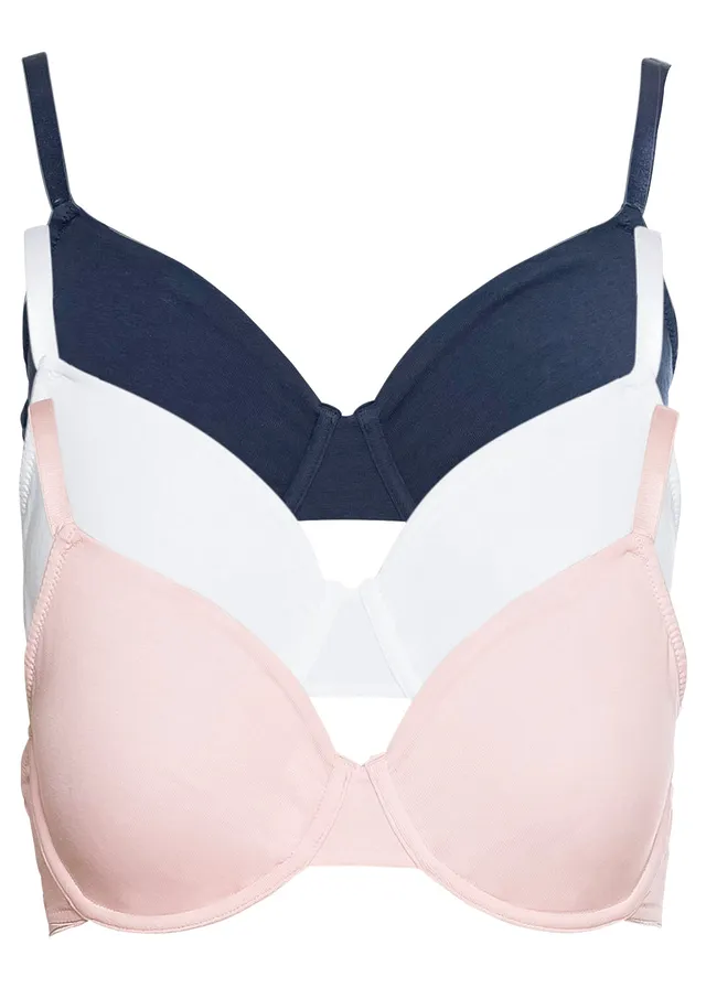 Lot de 3 soutiens-gorge moulés non rembourrés • bleu foncé + blanc + rose nacré • Boutique bonprix