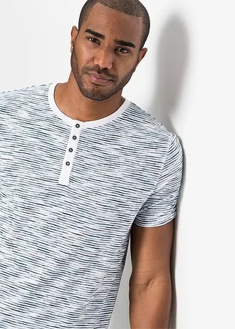 T-shirt z dekoltem henley z czystej bawełny, krótki rękaw • niebieski w paski • sklep bonprix