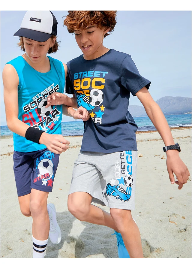 Jongens T-shirt, tanktop en bermuda's (4-dlg. set), Kleur: donkerblauw-turkooi -grijs gemêleerd