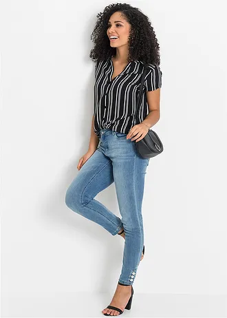 Blouse van viscose met korte mouwen, Kleur: zwart/wit gestreept