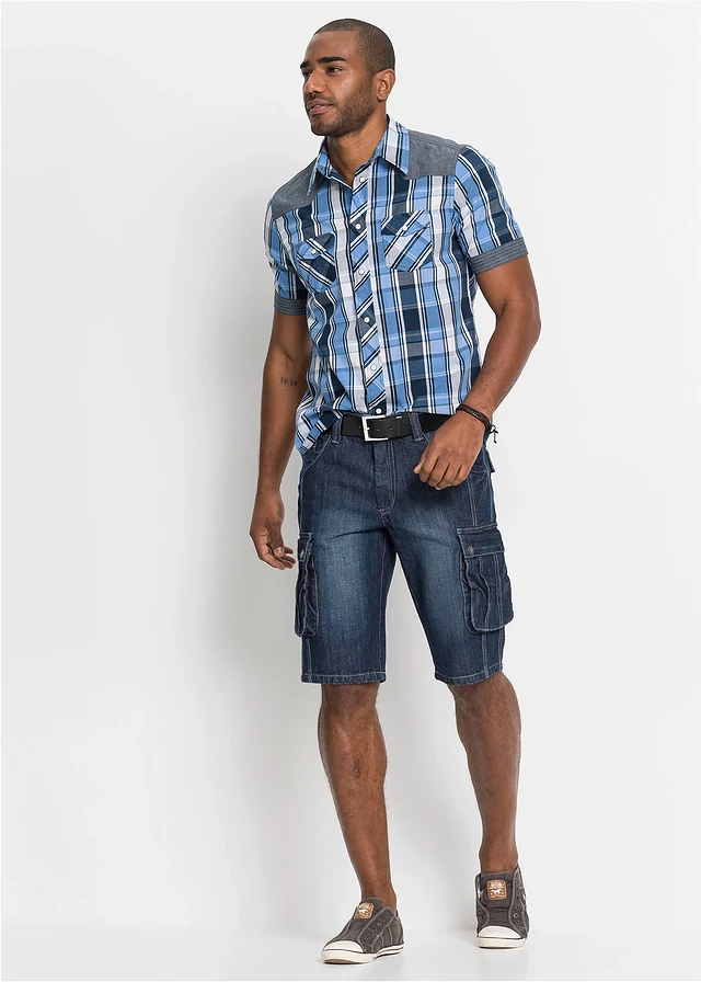 Overhemd met korte mouwen en denim details, Kleur: donkerblauw geruit