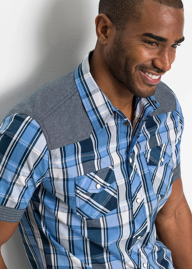 Overhemd met korte mouwen en denim details • donkerblauw geruit • product-page.page-title-suffix