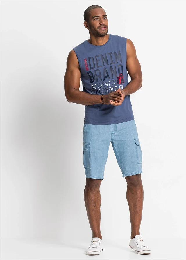 Lot de 2 débardeurs marcel 100% coton, Couleur: indigo+écru imprimé