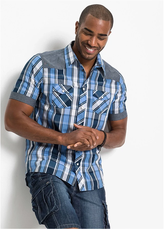 Overhemd met korte mouwen en denim details, Kleur: donkerblauw geruit