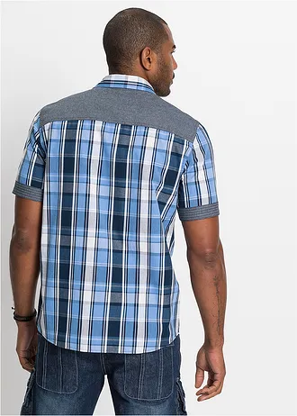 Chemise manches courtes avec empiècements denim, Couleur: bleu foncé carreaux