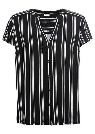 Blouse van viscose met korte mouwen, Kleur: zwart/wit gestreept