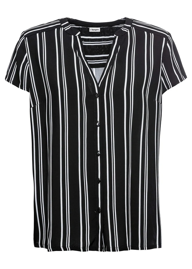 Chemisier manches courtes 100% viscose, Couleur: noir/blanc rayé