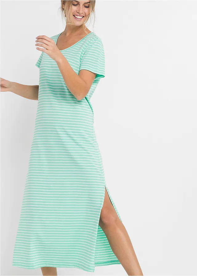 Chemise de nuit longue 100% coton, Couleur: menthe glaciale/blanc rayé