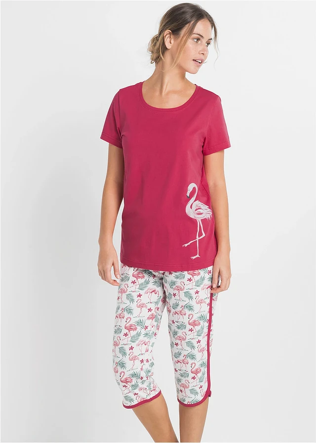 Pyjama corsaire 100% coton, Couleur: rouge grenat imprimé